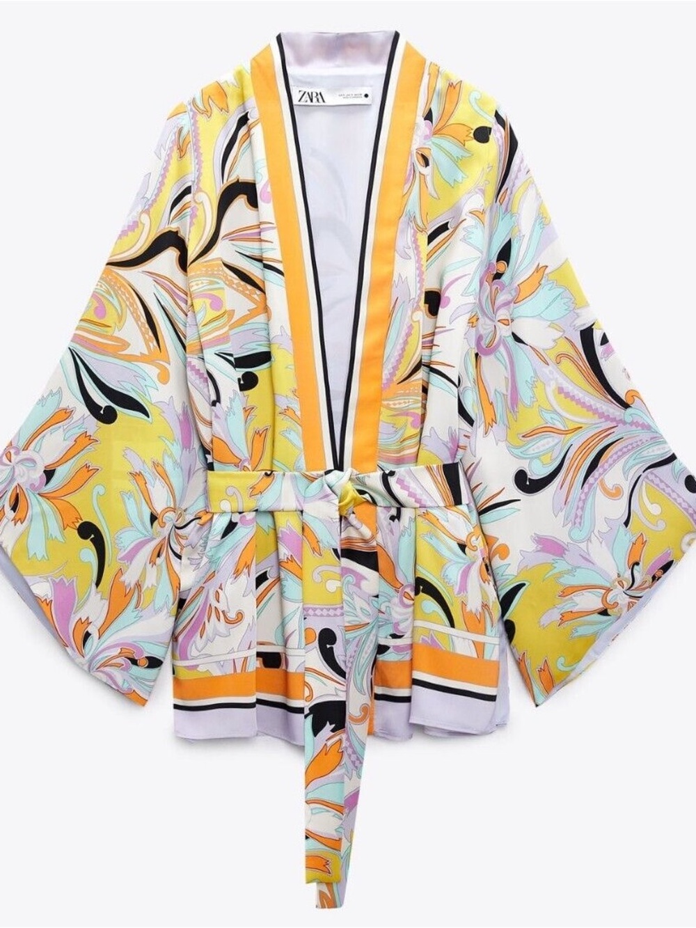 ZARA Yellow Multicolor Floral Print Satin Kimono-Style Robe